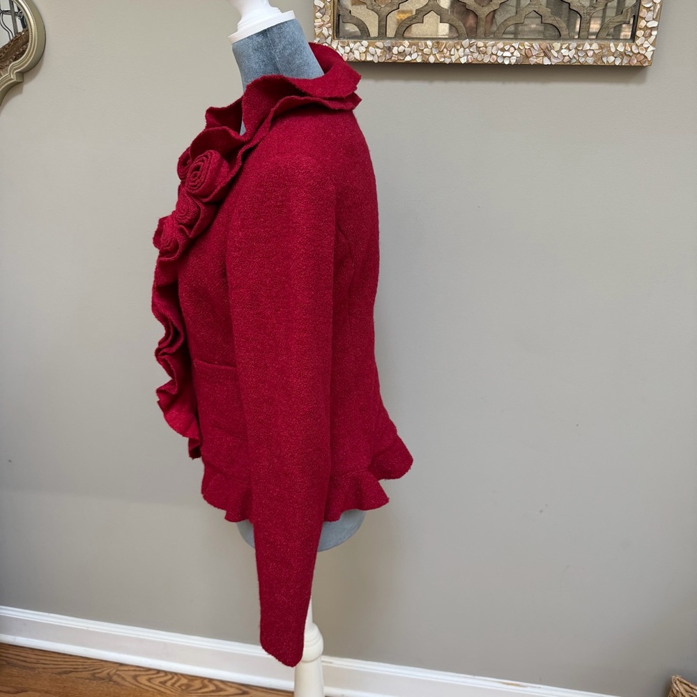 BOSTON PROPER Burgundy Red Ruffles Roses Wool Blazer Jacket Tweed Button Down 4 - Picture 4 of 7